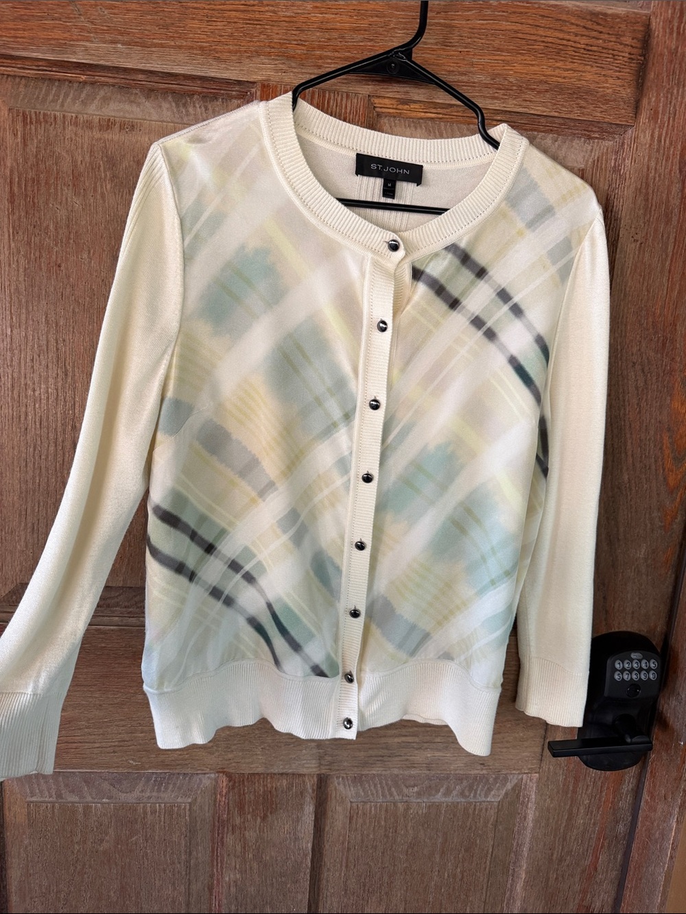 St. John Cream Plaid Cardigan with Soft Black and Yellow Accents Sz M
